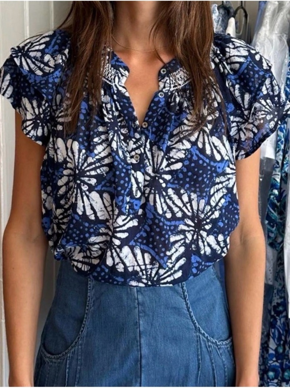 Xirena Blue White Cotton Flutter Sleeve Boho Coastal Blouse Small